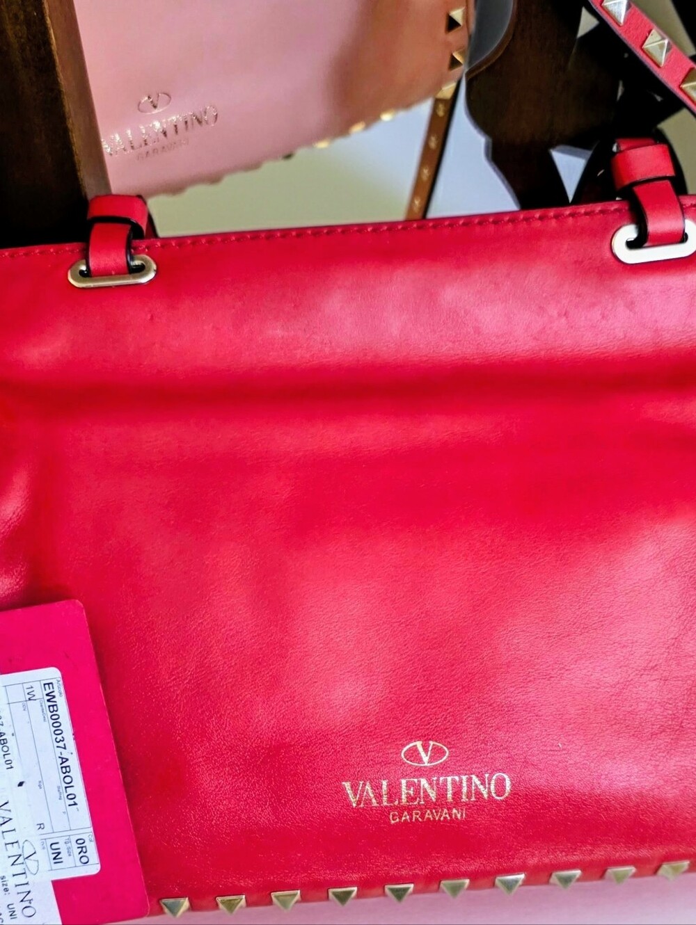 Valentino Garavani Rockstud Red Leather Bag Gold Stud Trim Handbag Tote - Picture 3 of 16